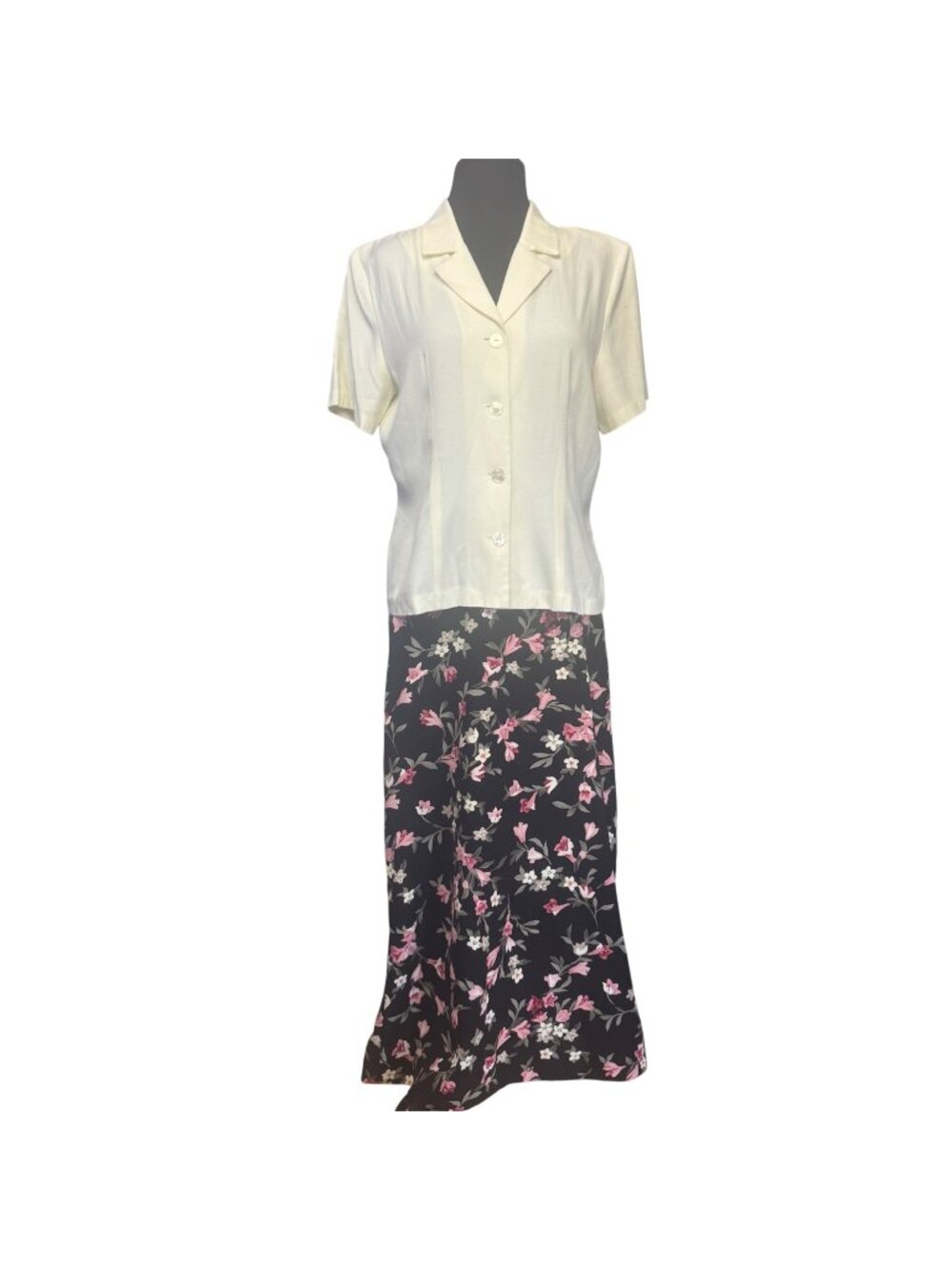 AGB Size S/M Button Down Ivory Top & Floral Skirt Set Rayon/Poly